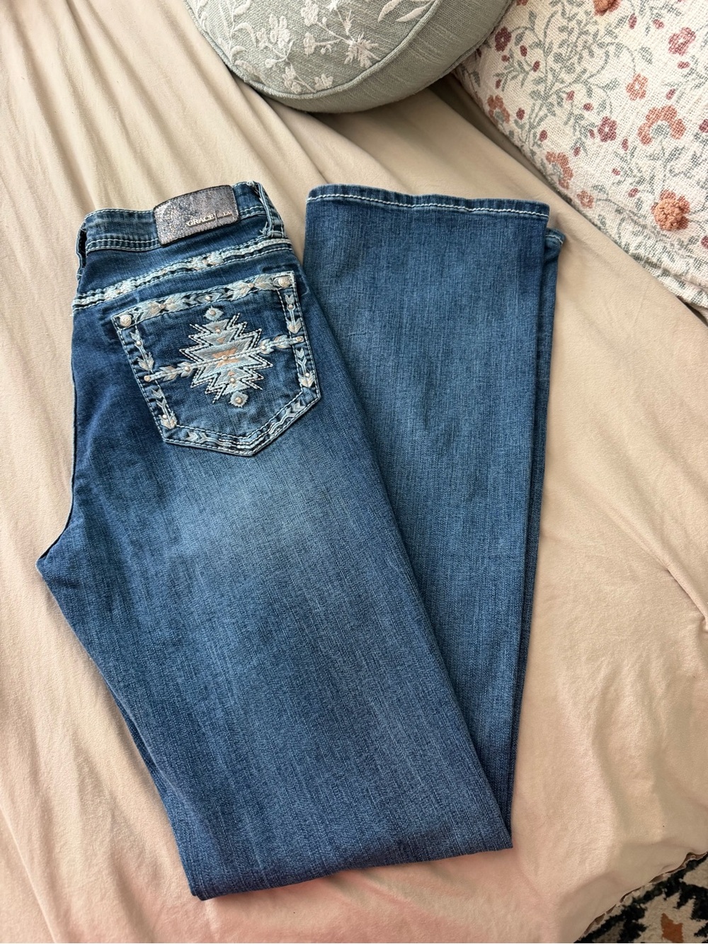 Grace in LA Blue Bootcut Jeans with Embroidered Pocket